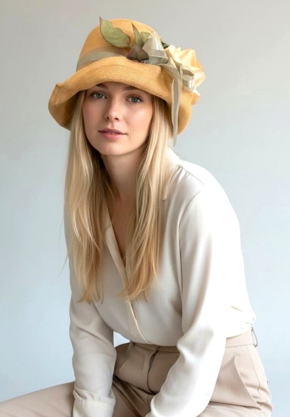 Vintage Linda Farrell Original Straw Hat Wired Brim Silk Flower Kentucky Derby